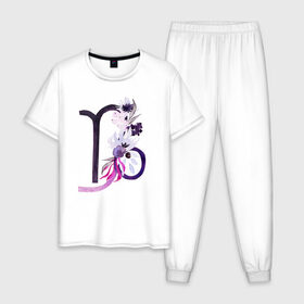 Мужская пижама хлопок с принтом Козерог в Новосибирске, 100% хлопок | брюки и футболка прямого кроя, без карманов, на брюках мягкая резинка на поясе и по низу штанин
 | астрология | знаки зодиака | зодиак | созвездие | фиолетовый | цикл