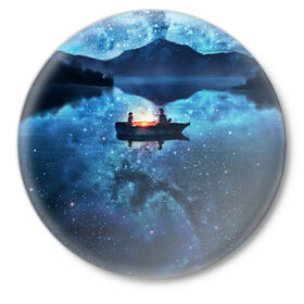 Значок с принтом пара на лодке на озере ночью в Новосибирске,  металл | круглая форма, металлическая застежка в виде булавки | аниме | вдвоем | вместе | горы | двое | звезды | лодка | небо | ночь | озеро | пара | прогулка | река | рисунок | романтика | свидание