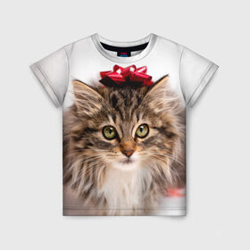 Детская футболка 3D с принтом я лучший подарочек в Новосибирске, 100% гипоаллергенный полиэфир | прямой крой, круглый вырез горловины, длина до линии бедер, чуть спущенное плечо, ткань немного тянется | бантик | взгляд | глаза | животные | звери | зверь | киса | кисонька | кот | котейка | котик | коты | котэ | кошки | лапы | нос | подарок | подарочек | сюрприз | усы | уши | шерсть