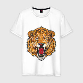 Мужская футболка хлопок с принтом Голова льва в Новосибирске, 100% хлопок | прямой крой, круглый вырез горловины, длина до линии бедер, слегка спущенное плечо. | head | lion | predator | голова | лев | хищник