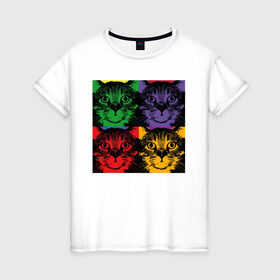 Женская футболка хлопок с принтом Коты в Новосибирске, 100% хлопок | прямой крой, круглый вырез горловины, длина до линии бедер, слегка спущенное плечо | cat | popcat | кот | котик | кошка | кошки | разноцветные коты | смешные коты