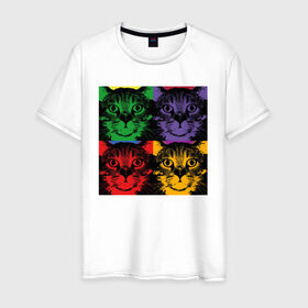Мужская футболка хлопок с принтом Коты в Новосибирске, 100% хлопок | прямой крой, круглый вырез горловины, длина до линии бедер, слегка спущенное плечо. | cat | popcat | кот | котик | кошка | кошки | разноцветные коты | смешные коты