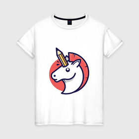 Женская футболка хлопок с принтом Единорог с карандашом в Новосибирске, 100% хлопок | прямой крой, круглый вырез горловины, длина до линии бедер, слегка спущенное плечо | horse | pegasus | pencil | unicorn | единорог | карандаш | конь | лошадь | пегас