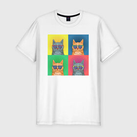 Мужская футболка хлопок Slim с принтом Pop Cat в Новосибирске, 92% хлопок, 8% лайкра | приталенный силуэт, круглый вырез ворота, длина до линии бедра, короткий рукав | art | cat | colorful | mem | meme | memes | music | pop | rainbow | retro | style | арт | буп | кот | котенок | котик | котэ | краски | красочный | мем | мемы | музыка | ретро