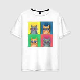 Женская футболка хлопок Oversize с принтом Pop Cat в Новосибирске, 100% хлопок | свободный крой, круглый ворот, спущенный рукав, длина до линии бедер
 | art | cat | colorful | mem | meme | memes | music | pop | rainbow | retro | style | арт | буп | кот | котенок | котик | котэ | краски | красочный | мем | мемы | музыка | ретро