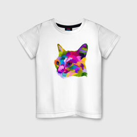 Детская футболка хлопок с принтом Pop Cat в Новосибирске, 100% хлопок | круглый вырез горловины, полуприлегающий силуэт, длина до линии бедер | Тематика изображения на принте: art | cat | colorful | mem | meme | memes | music | pop | rainbow | retro | style | арт | буп | кот | котенок | котик | котэ | краски | красочный | мем | мемы | музыка | ретро
