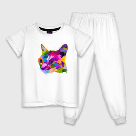Детская пижама хлопок с принтом Pop Cat в Новосибирске, 100% хлопок |  брюки и футболка прямого кроя, без карманов, на брюках мягкая резинка на поясе и по низу штанин
 | Тематика изображения на принте: art | cat | colorful | mem | meme | memes | music | pop | rainbow | retro | style | арт | буп | кот | котенок | котик | котэ | краски | красочный | мем | мемы | музыка | ретро