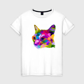 Женская футболка хлопок с принтом Pop Cat в Новосибирске, 100% хлопок | прямой крой, круглый вырез горловины, длина до линии бедер, слегка спущенное плечо | art | cat | colorful | mem | meme | memes | music | pop | rainbow | retro | style | арт | буп | кот | котенок | котик | котэ | краски | красочный | мем | мемы | музыка | ретро