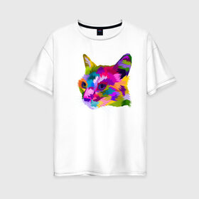 Женская футболка хлопок Oversize с принтом Pop Cat в Новосибирске, 100% хлопок | свободный крой, круглый ворот, спущенный рукав, длина до линии бедер
 | art | cat | colorful | mem | meme | memes | music | pop | rainbow | retro | style | арт | буп | кот | котенок | котик | котэ | краски | красочный | мем | мемы | музыка | ретро
