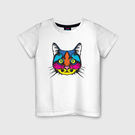 Детская футболка хлопок с принтом Pop Cat в Новосибирске, 100% хлопок | круглый вырез горловины, полуприлегающий силуэт, длина до линии бедер | art | cat | colorful | mem | meme | memes | music | pop | rainbow | retro | style | арт | буп | кот | котенок | котик | котэ | краски | красочный | мем | мемы | музыка | ретро