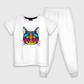 Детская пижама хлопок с принтом Pop Cat в Новосибирске, 100% хлопок |  брюки и футболка прямого кроя, без карманов, на брюках мягкая резинка на поясе и по низу штанин
 | Тематика изображения на принте: art | cat | colorful | mem | meme | memes | music | pop | rainbow | retro | style | арт | буп | кот | котенок | котик | котэ | краски | красочный | мем | мемы | музыка | ретро