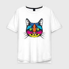 Мужская футболка хлопок Oversize с принтом Pop Cat в Новосибирске, 100% хлопок | свободный крой, круглый ворот, “спинка” длиннее передней части | Тематика изображения на принте: art | cat | colorful | mem | meme | memes | music | pop | rainbow | retro | style | арт | буп | кот | котенок | котик | котэ | краски | красочный | мем | мемы | музыка | ретро