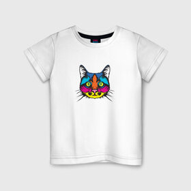 Детская футболка хлопок с принтом Pop art Cat в Новосибирске, 100% хлопок | круглый вырез горловины, полуприлегающий силуэт, длина до линии бедер | Тематика изображения на принте: art | cat | colors | paints | pop | riot | арт | буйство | буп | кот | кошка | краски | поп