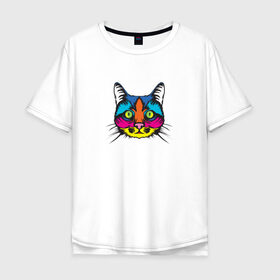 Мужская футболка хлопок Oversize с принтом Pop art Cat в Новосибирске, 100% хлопок | свободный крой, круглый ворот, “спинка” длиннее передней части | Тематика изображения на принте: art | cat | colors | paints | pop | riot | арт | буйство | буп | кот | кошка | краски | поп