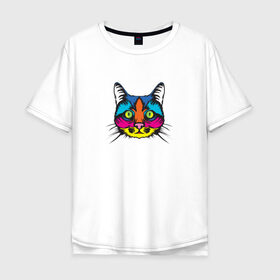 Мужская футболка хлопок Oversize с принтом Pop art Cat в Новосибирске, 100% хлопок | свободный крой, круглый ворот, “спинка” длиннее передней части | art | cat | colors | paints | pop | riot | арт | буйство | буп | кот | кошка | краски | поп