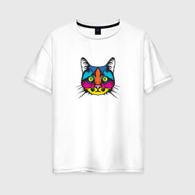 Женская футболка хлопок Oversize с принтом Pop art Cat в Новосибирске, 100% хлопок | свободный крой, круглый ворот, спущенный рукав, длина до линии бедер
 | art | cat | colors | paints | pop | riot | арт | буйство | буп | кот | кошка | краски | поп