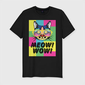 Мужская футболка хлопок Slim с принтом Pop Cat | Meow Wow! в Новосибирске, 92% хлопок, 8% лайкра | приталенный силуэт, круглый вырез ворота, длина до линии бедра, короткий рукав | cat | kitty | meow | popcat | wow | кот | кошка | мяв | мяу | поп кет | поп кошка