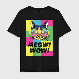 Мужская футболка хлопок Oversize с принтом Pop Cat | Meow Wow! в Новосибирске, 100% хлопок | свободный крой, круглый ворот, “спинка” длиннее передней части | Тематика изображения на принте: cat | kitty | meow | popcat | wow | кот | кошка | мяв | мяу | поп кет | поп кошка