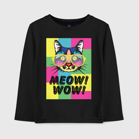 Детский лонгслив хлопок с принтом Pop Cat Meow Wow! в Новосибирске, 100% хлопок | круглый вырез горловины, полуприлегающий силуэт, длина до линии бедер | Тематика изображения на принте: cat | kitty | meow | popcat | wow | кот | кошка | мяв | мяу | поп кет | поп кошка