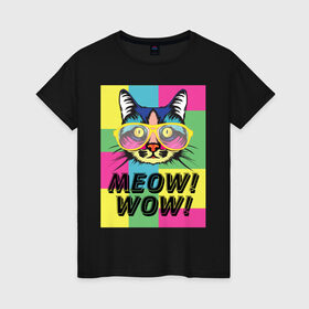 Женская футболка хлопок с принтом Pop Cat | Meow Wow! в Новосибирске, 100% хлопок | прямой крой, круглый вырез горловины, длина до линии бедер, слегка спущенное плечо | Тематика изображения на принте: cat | kitty | meow | popcat | wow | кот | кошка | мяв | мяу | поп кет | поп кошка