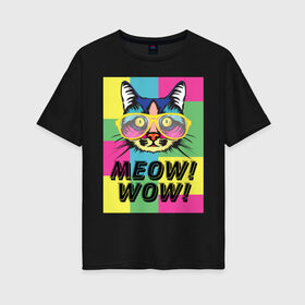 Женская футболка хлопок Oversize с принтом Pop Cat | Meow Wow! в Новосибирске, 100% хлопок | свободный крой, круглый ворот, спущенный рукав, длина до линии бедер
 | cat | kitty | meow | popcat | wow | кот | кошка | мяв | мяу | поп кет | поп кошка