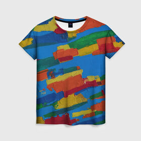 Женская футболка 3D с принтом Разноцветная абстракция в Новосибирске, 100% полиэфир ( синтетическое хлопкоподобное полотно) | прямой крой, круглый вырез горловины, длина до линии бедер | абстракция | картина | масло | полосы | холст | цвет | яркость