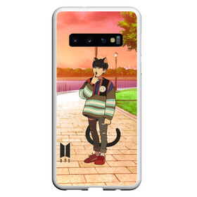 Чехол для Samsung Galaxy S10 с принтом BTS Cat в Новосибирске, Силикон | Область печати: задняя сторона чехла, без боковых панелей | Тематика изображения на принте: bts | k pop | kpop | rm | аниме | бтс | ви | джей хоуп | джонгук | кпоп | сюга | чимин | чин | япония