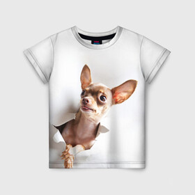 Детская футболка 3D с принтом Чихуахуа из бумаги вылазит в Новосибирске, 100% гипоаллергенный полиэфир | прямой крой, круглый вырез горловины, длина до линии бедер, чуть спущенное плечо, ткань немного тянется | гав | любитель собак | меленьктй пес | мини пес | песель | песик | собака | собачка | собачник | собачница | чихуахуа | чихуашка | щенек