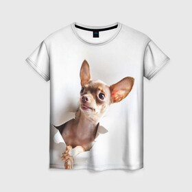 Женская футболка 3D с принтом Чихуахуа из бумаги вылазит в Новосибирске, 100% полиэфир ( синтетическое хлопкоподобное полотно) | прямой крой, круглый вырез горловины, длина до линии бедер | гав | любитель собак | меленьктй пес | мини пес | песель | песик | собака | собачка | собачник | собачница | чихуахуа | чихуашка | щенек