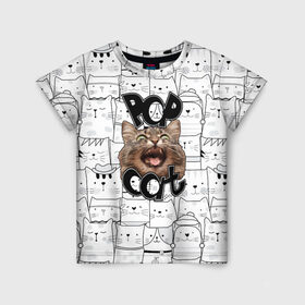 Детская футболка 3D с принтом Pop Cat в Новосибирске, 100% гипоаллергенный полиэфир | прямой крой, круглый вырез горловины, длина до линии бедер, чуть спущенное плечо, ткань немного тянется | Тематика изображения на принте: pop cat | wide mouthed popping cat | арты | буп | мемы