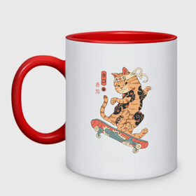 Кружка двухцветная с принтом Кот Якудза в Новосибирске, керамика | объем — 330 мл, диаметр — 80 мм. Цветная ручка и кайма сверху, в некоторых цветах — вся внутренняя часть | cat | cats | japan | ninja | samurai | skateboard | skater | tattoo | tegunvteg | yakuza | катана | кот | котенок | коты | котэ | котята | кошка | ниндзя | самурай | скейтборд | скейтбординг | скейтер | тату | татуировка | татуировки