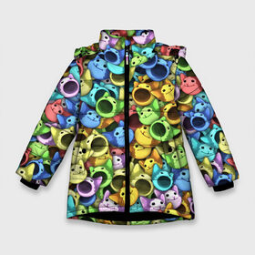 Зимняя куртка для девочек 3D с принтом Цветные Поп Котики в Новосибирске, ткань верха — 100% полиэстер; подклад — 100% полиэстер, утеплитель — 100% полиэстер. | длина ниже бедра, удлиненная спинка, воротник стойка и отстегивающийся капюшон. Есть боковые карманы с листочкой на кнопках, утяжки по низу изделия и внутренний карман на молнии. 

Предусмотрены светоотражающий принт на спинке, радужный светоотражающий элемент на пуллере молнии и на резинке для утяжки. | Тематика изображения на принте: cat | pop | popping | wide mouthed | кот | котёнок | котик | кошка | паттерн | радуга | рот