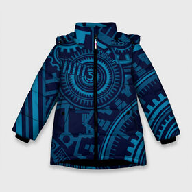 Зимняя куртка для девочек 3D с принтом Steampunk Mechanic Blue в Новосибирске, ткань верха — 100% полиэстер; подклад — 100% полиэстер, утеплитель — 100% полиэстер. | длина ниже бедра, удлиненная спинка, воротник стойка и отстегивающийся капюшон. Есть боковые карманы с листочкой на кнопках, утяжки по низу изделия и внутренний карман на молнии. 

Предусмотрены светоотражающий принт на спинке, радужный светоотражающий элемент на пуллере молнии и на резинке для утяжки. | gears | mechanics | mechanism | steampunk | механизм | механика | стимпанк | шестеренки