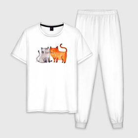 Мужская пижама хлопок с принтом Парочка в Новосибирске, 100% хлопок | брюки и футболка прямого кроя, без карманов, на брюках мягкая резинка на поясе и по низу штанин
 | влюбленные | котики | кошки | любовь | полосатый