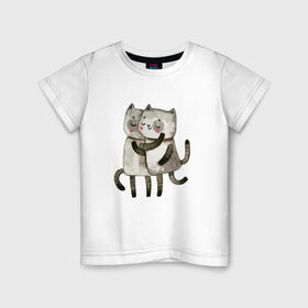 Детская футболка хлопок с принтом Парочка в Новосибирске, 100% хлопок | круглый вырез горловины, полуприлегающий силуэт, длина до линии бедер | Тематика изображения на принте: влюбленные | котики | кошки | любовь | полосатый