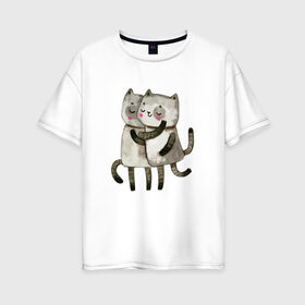 Женская футболка хлопок Oversize с принтом Парочка в Новосибирске, 100% хлопок | свободный крой, круглый ворот, спущенный рукав, длина до линии бедер
 | влюбленные | котики | кошки | любовь | полосатый