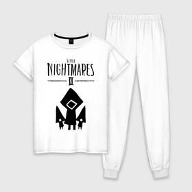 Женская пижама хлопок с принтом Логотип Little Nightmares 2 в Новосибирске, 100% хлопок | брюки и футболка прямого кроя, без карманов, на брюках мягкая резинка на поясе и по низу штанин | девочка | лого | монстры | надпись | темная комната | ужасы | шестая