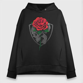 Женское худи Oversize хлопок с принтом Skull&Rose в Новосибирске, френч-терри — 70% хлопок, 30% полиэстер. Мягкий теплый начес внутри —100% хлопок | боковые карманы, эластичные манжеты и нижняя кромка, капюшон на магнитной кнопке | герб | знак | роза | символ | скелет | цветок | череп