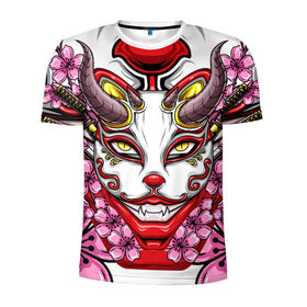 Мужская футболка 3D спортивная с принтом Японский демон в Новосибирске, 100% полиэстер с улучшенными характеристиками | приталенный силуэт, круглая горловина, широкие плечи, сужается к линии бедра | demon | fox | japanese | mask | арт | голова | демон | маска | монстр | рисунок | рога | цветы | японский