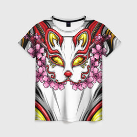 Женская футболка 3D с принтом Японский демон в Новосибирске, 100% полиэфир ( синтетическое хлопкоподобное полотно) | прямой крой, круглый вырез горловины, длина до линии бедер | demon | fox | japanese | mask | арт | голова | демон | маска | монстр | рисунок | цветы | японский
