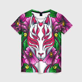 Женская футболка 3D с принтом Японский демон в Новосибирске, 100% полиэфир ( синтетическое хлопкоподобное полотно) | прямой крой, круглый вырез горловины, длина до линии бедер | demon | fox | japanese | mask | арт | голова | демон | маска | монстр | рисунок | цветы | японский