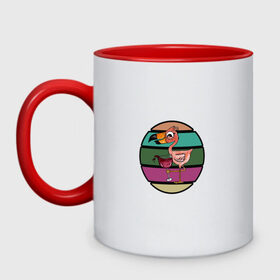 Кружка двухцветная с принтом Пьющий фламинго в Новосибирске, керамика | объем — 330 мл, диаметр — 80 мм. Цветная ручка и кайма сверху, в некоторых цветах — вся внутренняя часть | пернатые | пить сок | птица | розовые перья | фламинго