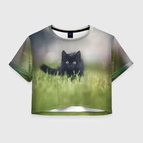 Женская футболка Crop-top 3D с принтом черный кот на лугу в Новосибирске, 100% полиэстер | круглая горловина, длина футболки до линии талии, рукава с отворотами | взгляд | внутренний | глаза | животные | звери | зверь | кот | котейка | котик | коты | котэ | кошки | лапы | нос | образ | прыжок | смотрит в душу | усы | уши | черный | черныш | шерсть
