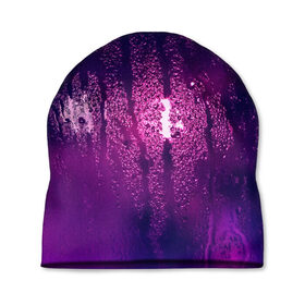 Шапка 3D с принтом стекло дождь фиолетовый в Новосибирске, 100% полиэстер | универсальный размер, печать по всей поверхности изделия | влажный | дождь | запотевшее | капли | лиловый | магия | мистика | мокрый | ночь | потеки | роса | свет | стекло | текстура | фиолетовый | чернильный
