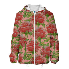 Мужская куртка 3D с принтом Розы на розовом фоне в Новосибирске, ткань верха — 100% полиэстер, подклад — флис | прямой крой, подол и капюшон оформлены резинкой с фиксаторами, два кармана без застежек по бокам, один большой потайной карман на груди. Карман на груди застегивается на липучку | 8 марта | flowers | march 8 | spring | ботаническая иллюстрация | весна | день рождения | зеленый | красный | лето | любовь | праздник | принт | природа | растения | розовый | розы | цветы
