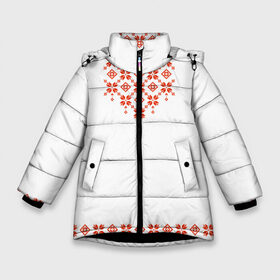 Зимняя куртка для девочек 3D с принтом Белорусская вышиванка в Новосибирске, ткань верха — 100% полиэстер; подклад — 100% полиэстер, утеплитель — 100% полиэстер. | длина ниже бедра, удлиненная спинка, воротник стойка и отстегивающийся капюшон. Есть боковые карманы с листочкой на кнопках, утяжки по низу изделия и внутренний карман на молнии. 

Предусмотрены светоотражающий принт на спинке, радужный светоотражающий элемент на пуллере молнии и на резинке для утяжки. | Тематика изображения на принте: беларусская | беларусь | белорусская | белорусские | вышиванка | орнамент | орнаменты | символика | славянка | славянская | славянские | славянский | узоры