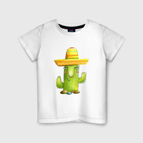 Детская футболка хлопок с принтом Кактус в Новосибирске, 100% хлопок | круглый вырез горловины, полуприлегающий силуэт, длина до линии бедер | горшок | кактусик | мексиканец | цветы | шляпа