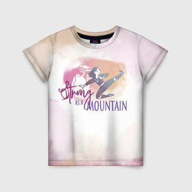 Детская футболка 3D с принтом MULAN - Strong as a mountain в Новосибирске, 100% гипоаллергенный полиэфир | прямой крой, круглый вырез горловины, длина до линии бедер, чуть спущенное плечо, ткань немного тянется | disney | disney princess | mulan | princess | strong woman | дисней | мулан