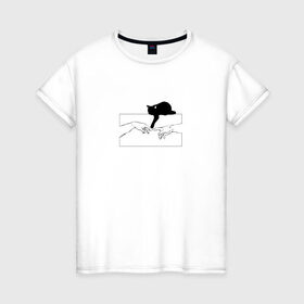 Женская футболка хлопок с принтом Сотворение Адама и котик в Новосибирске, 100% хлопок | прямой крой, круглый вырез горловины, длина до линии бедер, слегка спущенное плечо | животные | искусство | картинка | кот | котик | кошка | прикол | сотворение адама