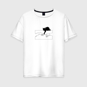 Женская футболка хлопок Oversize с принтом Сотворение Адама и котик в Новосибирске, 100% хлопок | свободный крой, круглый ворот, спущенный рукав, длина до линии бедер
 | животные | искусство | картинка | кот | котик | кошка | прикол | сотворение адама